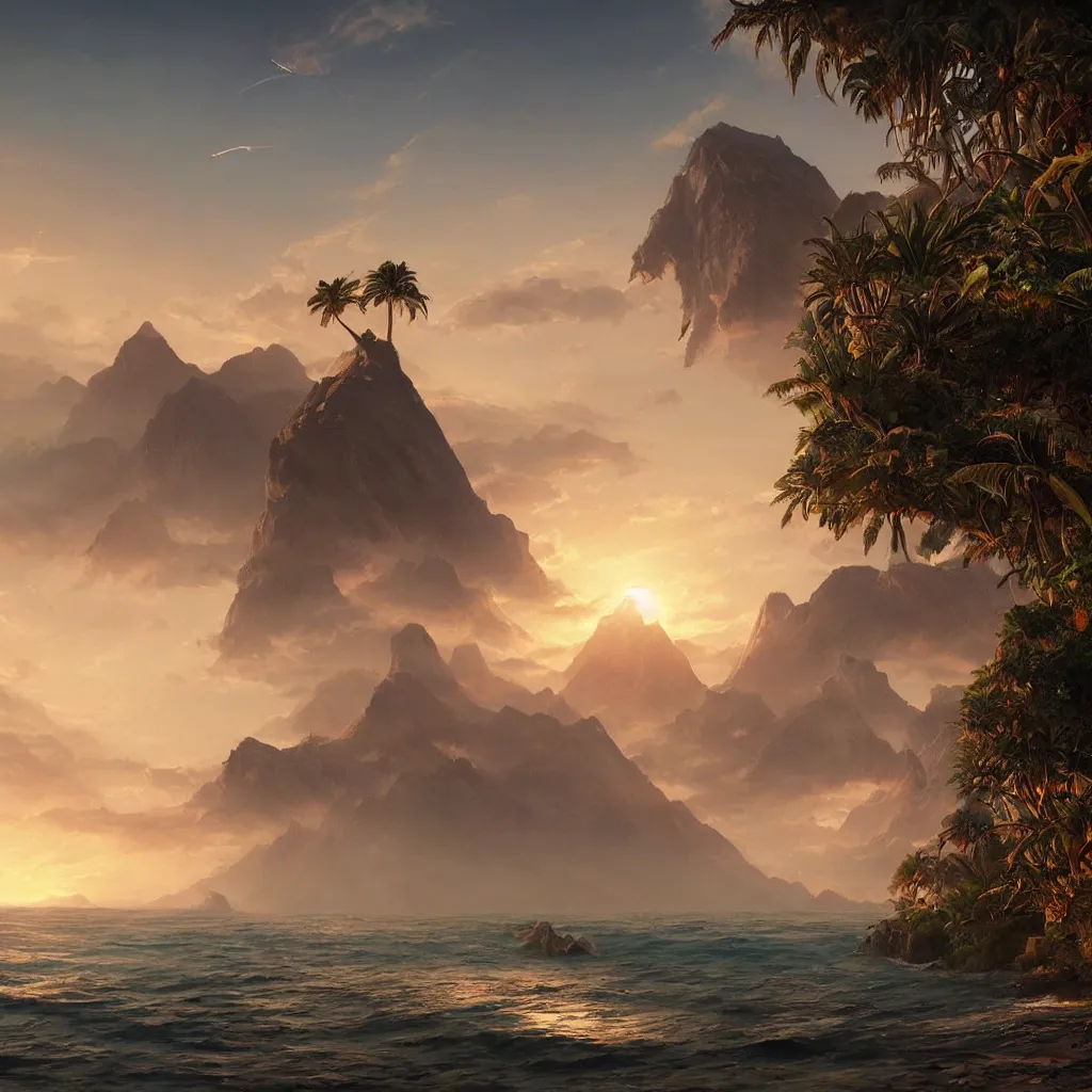 Image similar to beautiful hyper realistic island scenery at sunset, sand, tropical plants, albumcover, beautiful painting by greg rutkowski, ross tran, wlop, set in lord of the rings, starcraft, atmosphere, ethereal, magic, amazing, positive vibes