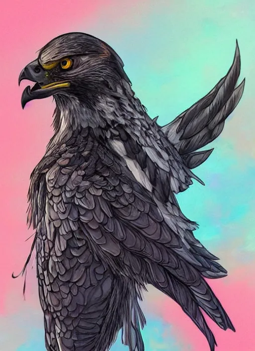 Image similar to falcon bird wearing a leather clothing, anime style illustration, pastel colors, trending on artstation, high quality