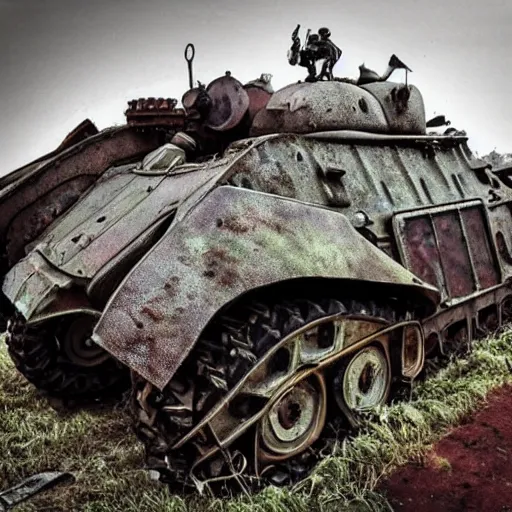 Prompt: Giant tank covered in rust, post apocalyptic image