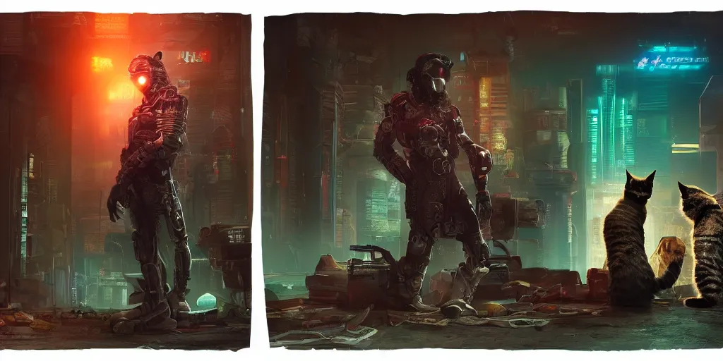 Image similar to cyberpunk cat and normal cat, brothers, fallout 5, studio lighting, deep colors, apocalyptic setting