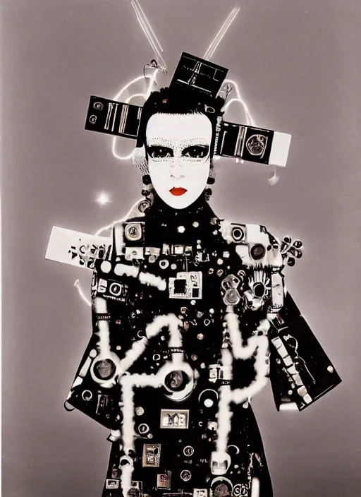 Image similar to Portrait of a punk goth fashion fractal cosmonaut girl with a television head wearing kimono made of circuits and leds, surreal photography by Man Ray