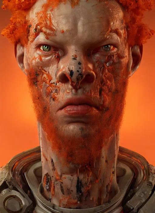 Prompt: biopunk portrait of curly orange hair man from doom 3, au naturel, hyper detailed, digital art, trending in artstation, cinematic lighting, studio quality, smooth render, unreal engine 5 rendered, octane rendered, art style by klimt and nixeu and ian sprigger and wlop and krenz cushart.