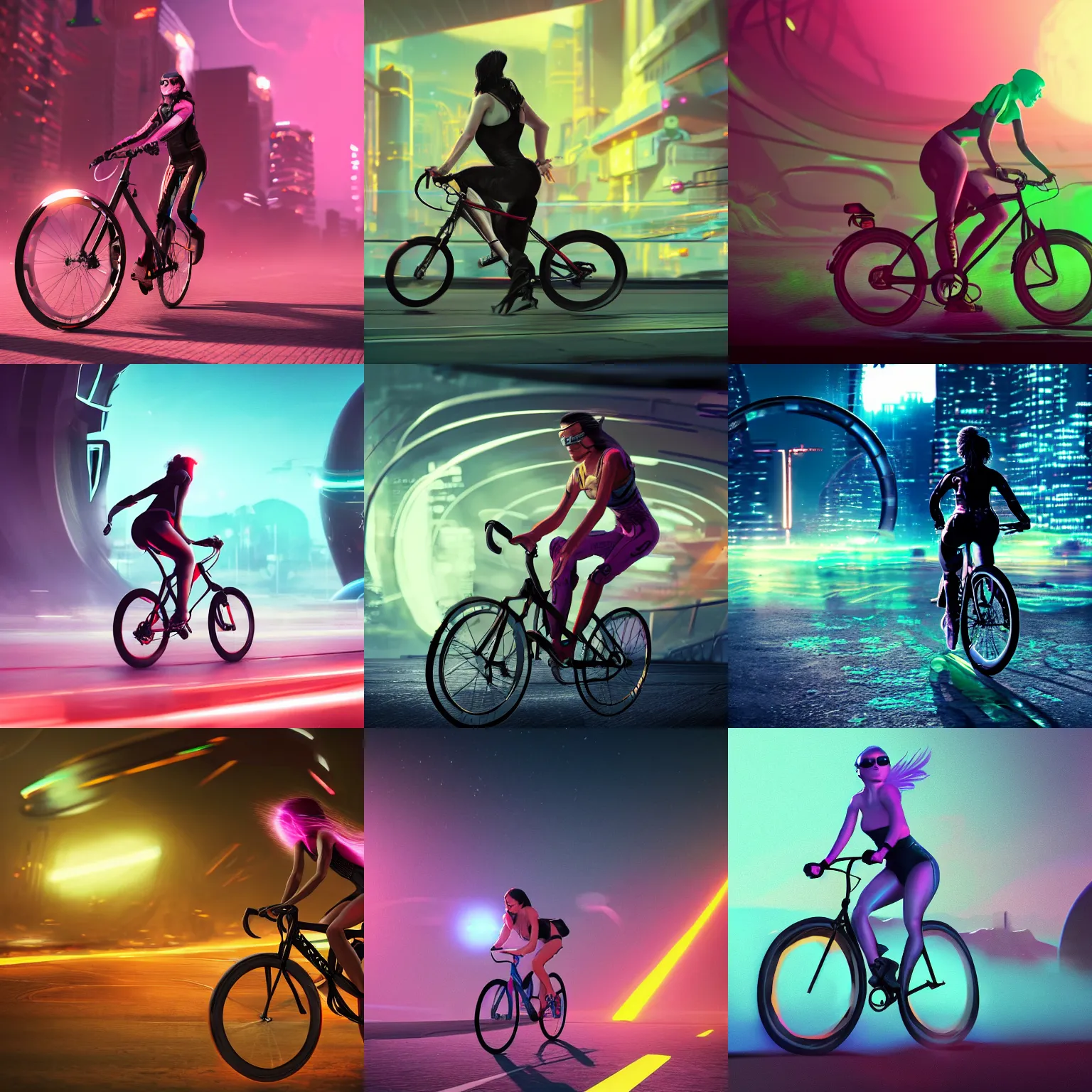 Prompt: photo of a woman racing a bicycle on an alien cyberpunk neon planet, cinematic, atmospheric, 8k, trending on artstation