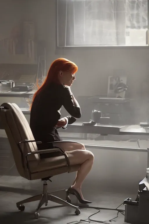 Image similar to pepper potts, ceo of stark industries, sinks into her chair, desolate, her once - spotless office now covered in dust. she sobs. screenshot from the mcu, ambient lighting, 8 k, as played by gwyneth paltrow