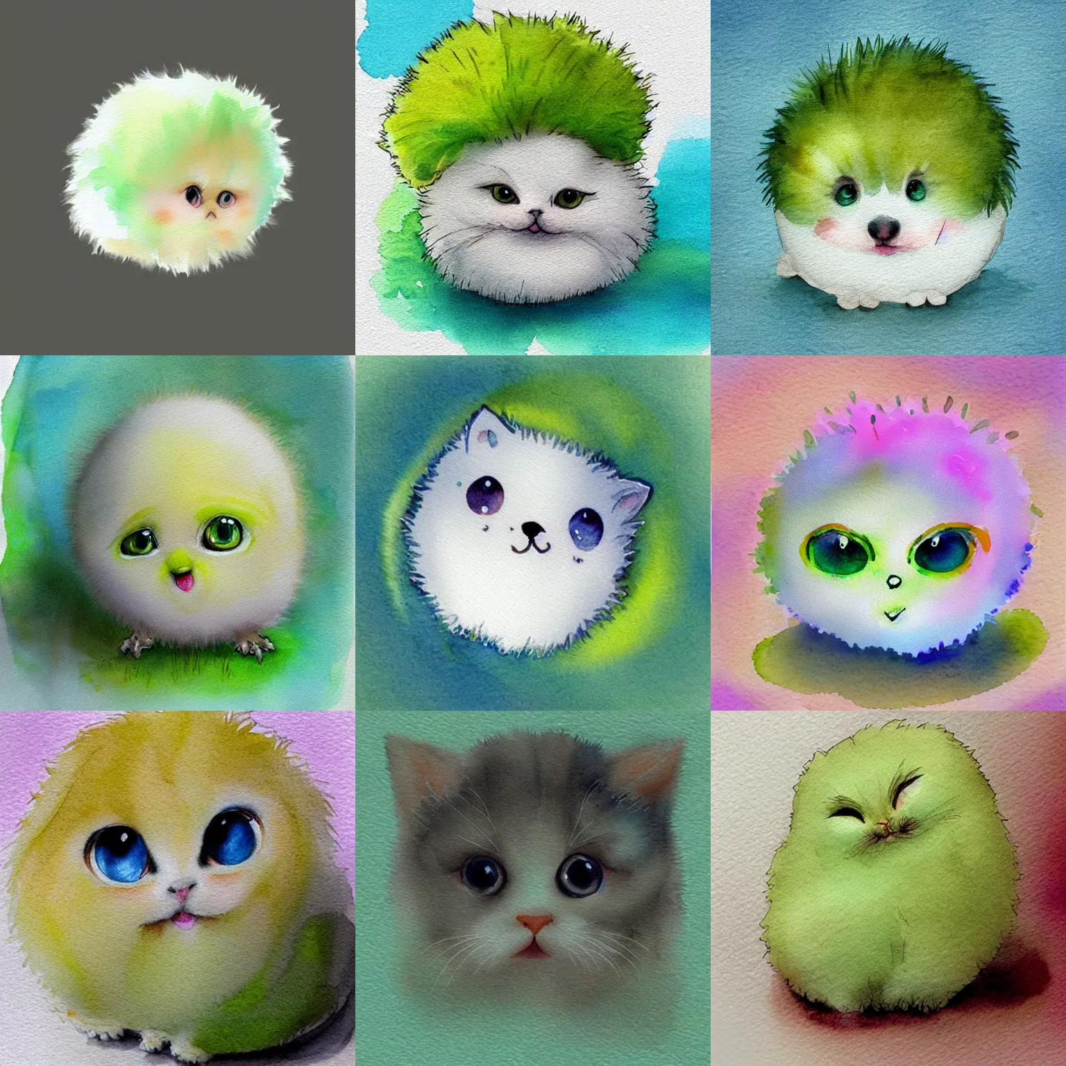 Prompt: lightly lime colored cute puff ball with adorable face, beautiful watercolor illustration, digital art