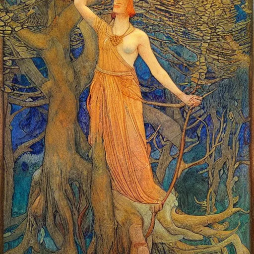 Image similar to the queen of the forest in a tree, by Annie Swynnerton and jean delville and Edmund Dulac and Nicholas Roerich and Tino Rodriguez, elaborately costumed, rich color, dramatic cinematic lighting, extremely detailed