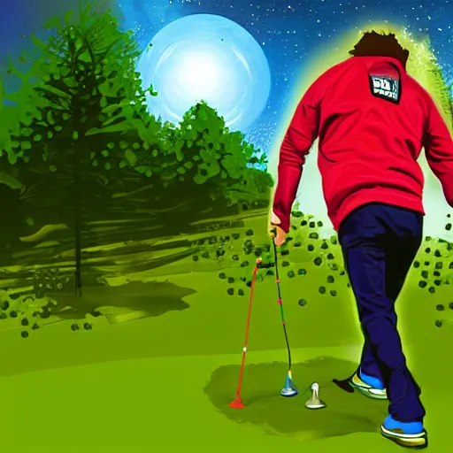 Prompt: digital art of man in space playing disk golf.