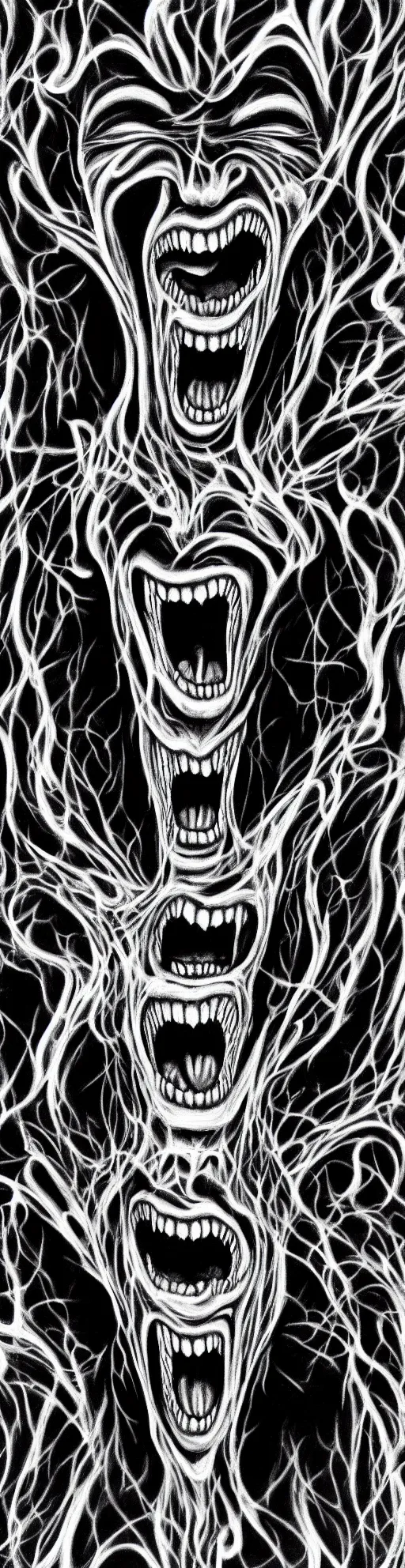 Image similar to black and white outline painting of man screaming with fear, another man coming out of his mouth, recursive, fractal, creepy, Giger, Escher, Mandelbrot, perfect face, realistic, hyper detailed