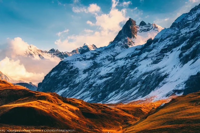 Prompt: landscape photography, switzerland mountains, cold lighting, golden hour, mountains, clouds, beautiful, kodachrome, 4 k, hd