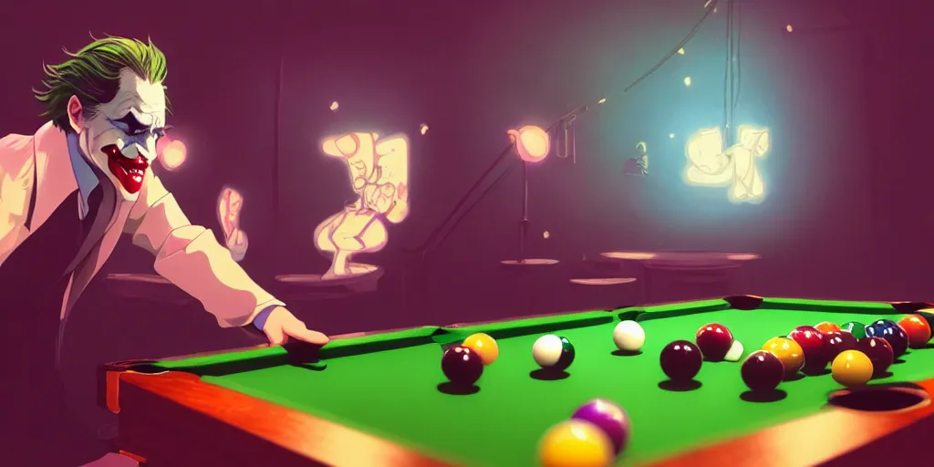 Image similar to the joker playing pool, magical, bright, colorful, fantastic lighting, amazing details, 4 k uhd, illustration by hayao miyazaki and makoto shinkai and ilya kuvshinov, artstation, pixiv,