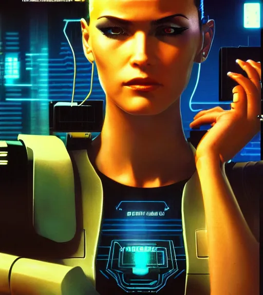 Image similar to cable inserted into head, jacked into cyberdeck wrist terminal, very very beautiful cyberpunk woman, computer, 1 9 7 9 omni magazine cover, style by vincent di fate, cyberpunk 2 0 7 7, very coherent, detailed, 4 k resolution, unreal engine, daz