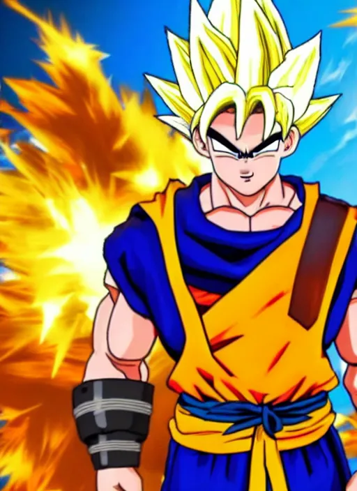 Image similar to game still of super sayan goku as a fortnite skin in fortnite.