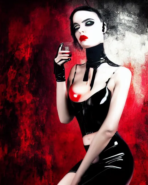 Prompt: Digital painting of a female model posing in a black latex dress, gothic, short red hair, black and red tones, dramatic background, concept art