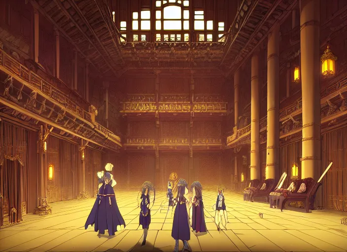 Image similar to key anime visual portrait of a castle's main hall interior with throne, servants, nobles, designed by mika pikazo, dynamic pose, dynamic perspective and angle, cinematic, film grain, detailed, intricate, at night, dramatic lighting