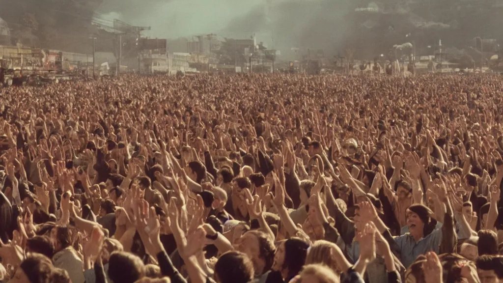 Image similar to movie still of a crowd waving hands saying good morning, cinematic composition, cinematic light, by alejandro jodorowsky