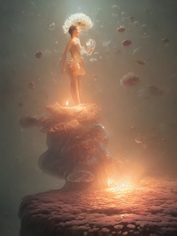 Image similar to a fancy portrait of a giant floating flower and jellyfish by Greg Rutkowski, Sung Choi, Mitchell Mohrhauser, Maciej Kuciara, Johnson Ting, Maxim Verehin, Peter Konig, Bloodborne, beeple, 8k photorealistic, cinematic lighting, HD, high details, atmospheric , trending on artstation. made in Maya, Blender and Photoshop, octane render, excellent composition, cinematic dystopian brutalist atmosphere, dynamic dramatic cinematic lighting, aesthetic, very inspirational, arthouse. y Greg Rutkowski, Ilya Kuvshinov, WLOP, Stanley Artgerm Lau, Ruan Jia and Fenghua Zhong