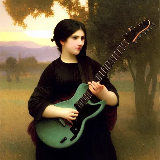 Prompt: goth girl playing electric guitar at dusk, oil painting by William-Adolphe Bouguereau, masterpiece