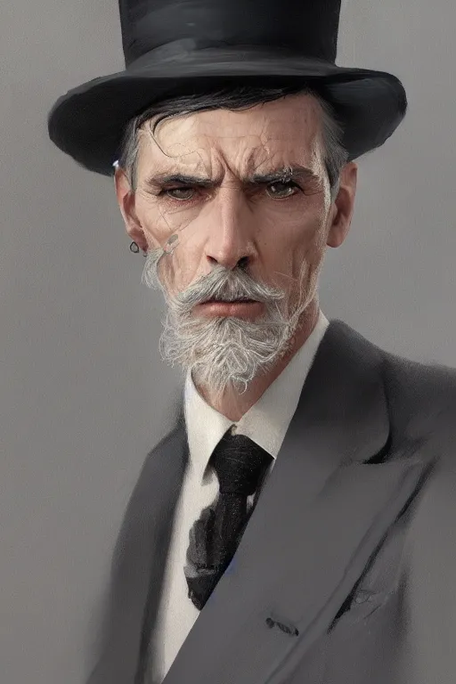 Image similar to a man grey hair with stubble top hat and suit by Greg Rutkowski, painting, portrait, high details, trending on artstation