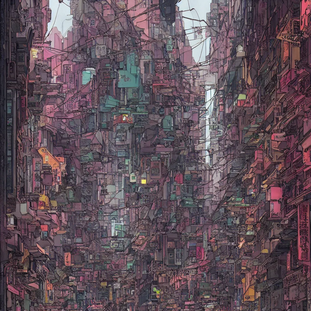 Image similar to a cyberpunk hong kong alley with robots and humans walking around by moebius