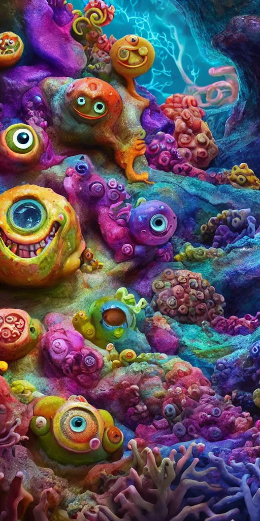 Image similar to of a colorful deep sea cave with strange cute friendly happy creatures with huge eyes, mouth, long tongue and round teeth appearing from sandy coral, in the style of gehry and gaudi, macro lens, shallow depth of field, ultra detailed, digital painting, trending artstation, concept art, illustration, cinematic lighting, photorealism, epic, octane render