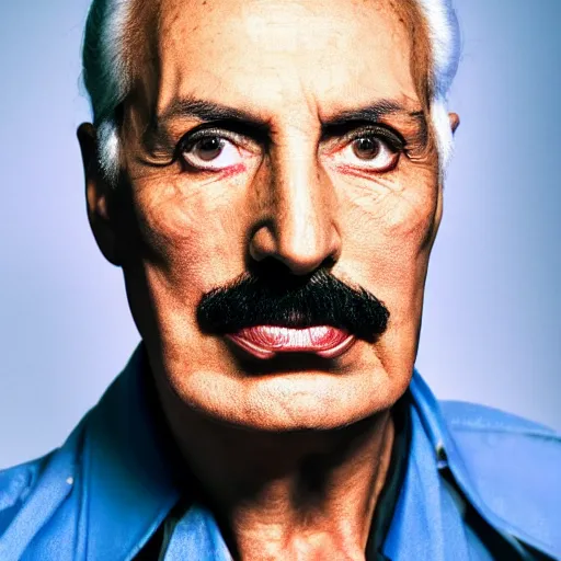 Image similar to old freddie mercury singer at age 9 0 years old, color ( sony a 7 r iv, symmetric balance, polarizing filter, photolab, lightroom, 4 k, dolby vision, photography award ), vogue, perfect face, movie poster