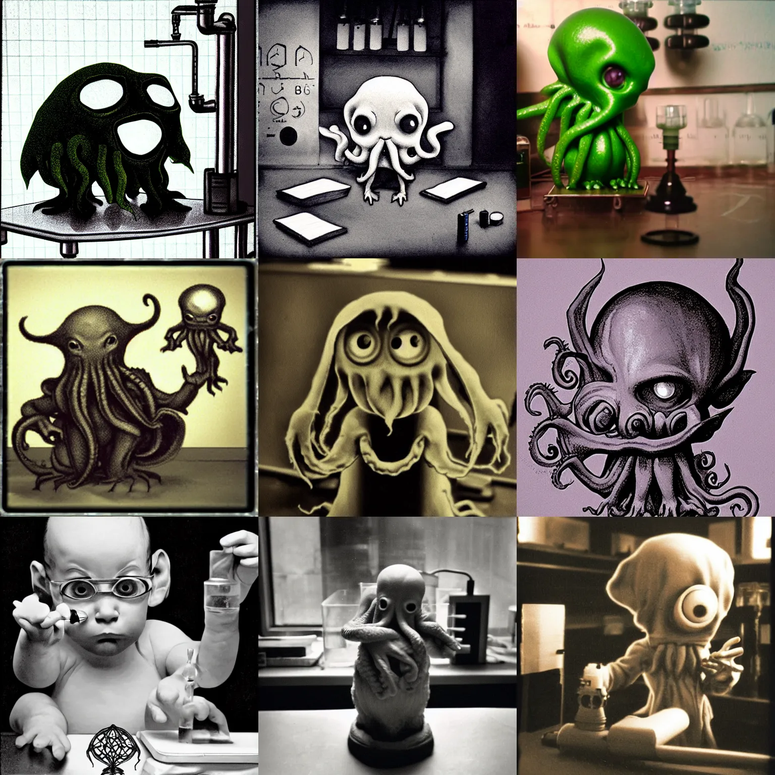 Prompt: baby cthulhu studying carbon in the chemistry lab, low shot, soft shadow, mark ryden