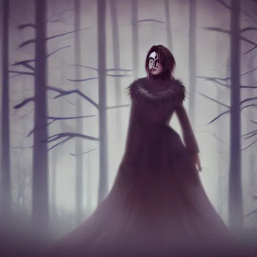 Prompt: a beautiful woman alone inside an empty dark forest in style of Alexandre Chaudret, trending on ArtStationH