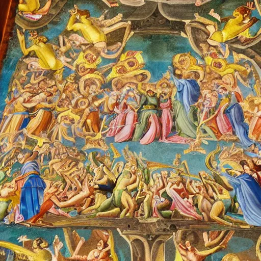 Image similar to basilica frescoe of an army of frogs fighting for Christianity