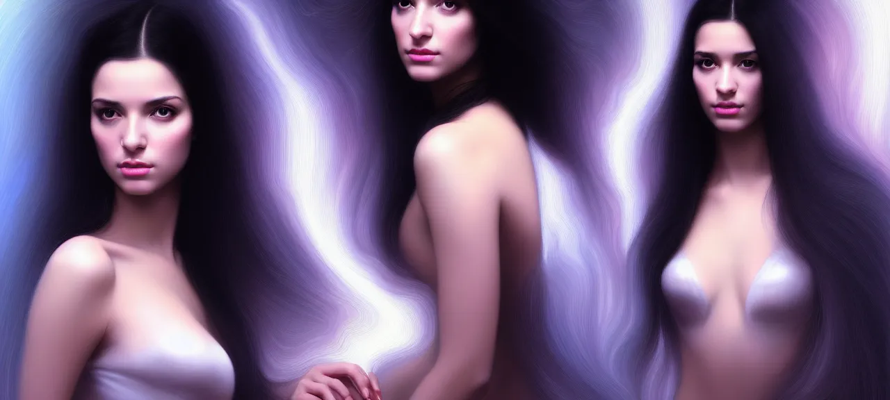 Image similar to beauty young spanish woman with long black hair portrait in holograms of Matrix artifacts, electrical case display, Matrix tech, ultrarealistic, dramatic lighting, electrical details, high details, 4k, 8k, best, accurate, trending on artstation, artstation, photorealism, ultrarealistic, digital painting, style of Peter Mohrbacher, Caravaggio, Boris Vallejo