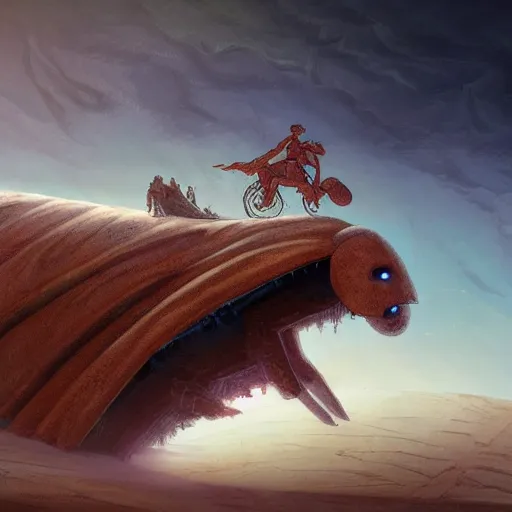 Prompt: ( peter griffin ) riding on the back of a worm from ( dune ), fantasy art, landscape art, in the style of greg rutkowski, illustration, epic