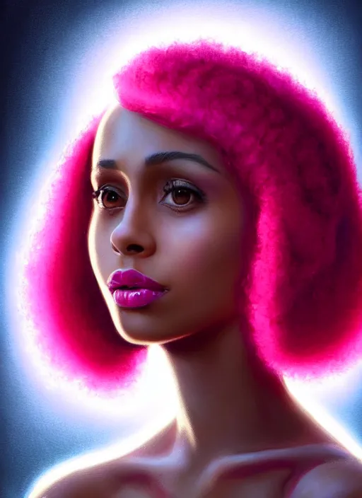 Image similar to portrait of young vanessa morgan with bright pink hair, black girl, vanessa morgan, curly pixie cut hair, wearing newsboy cap, newsboy cap, hoop earrings, intricate, elegant, glowing lights, highly detailed, digital painting, artstation, concept art, smooth, sharp focus, illustration, art by wlop, mars ravelo and greg rutkowski