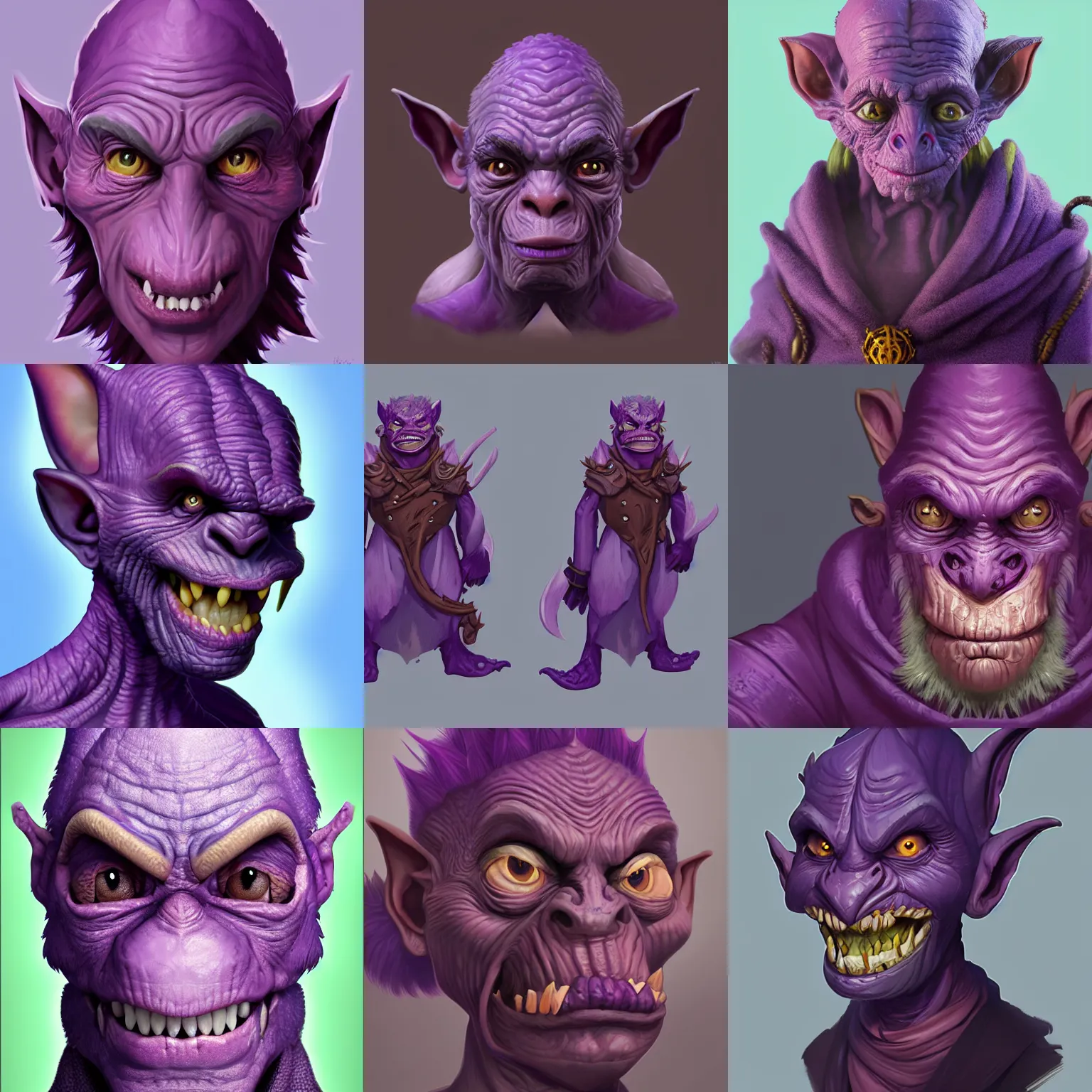 Prompt: character concept portrait, purple skinned goblin in wizard robes, detailed, trending, concept art, smooth, sharp focus, illustration, artwork by ul di rico