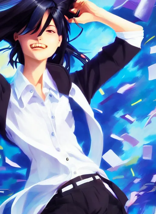 Image similar to a ultradetailed beautiful panting of a stylish woman wearing a shirt with a tie, she has black hair, dancing, background explosion, by makoto shinkai, jesper ejsing, rhads, makoto shinkai, trending on artstation