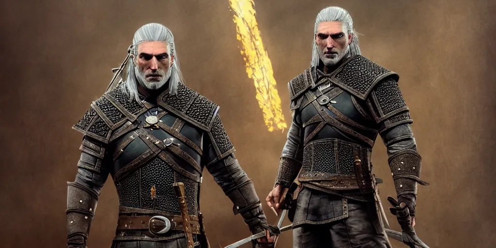 Image similar to geralt from syria new costume concept design with metal sholders and ornaments on the armor, witcher wild hunt, layered armor, fashion, colors with gold and dark blue, concept art, by artgerm, greg rutkowski, cinematic light, featured on artstation, octane render, sharp focus, ray tracing, artstationhq, cgsociety, 8 k.