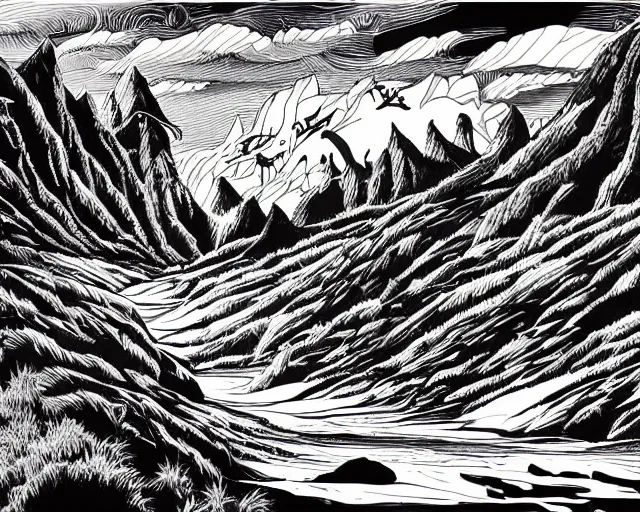 Prompt: impressive fantasy landscape, beautiful line art, ink illustration, pure b&w, engraving illustration, sticker art