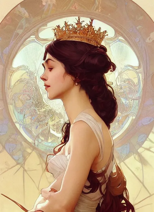 Prompt: queen, dainty wilder face, incredibly detailed face, pretty face, light dress, true anatomy, art by artgerm and greg rutkowski and alphonse mucha