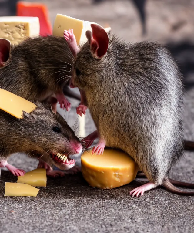 Image similar to high quality presentation photo of vicious anthropomorphic rats with sharp teeth eating cheese, and fighting each other over cheese, photography 4k f1.8 anamorphic bokeh 4k Canon Nikon