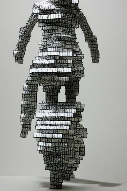 Prompt: female adventurer in tight full - body sticky note stack chainmail - style paper armor made out of several hundred sticky note stacks and a white porcelain crow mask, trending in artstation, japanese, artstation, establishing shot