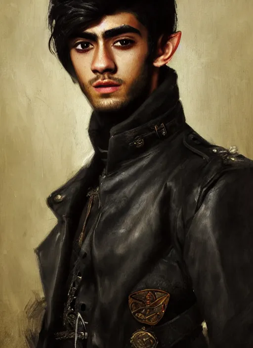 Image similar to head and shoulders portrait painting of young man who looks like zayn malik as an elf by jeremy mann, wearing leather napoleonic military style jacket, only one head single portrait, pointy ears, dark background, soft top lighting