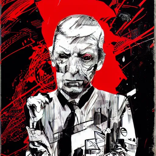 Prompt: Graphic Illustration, Creative Design, Donald Trump, techwear, Cyberpunk, Full Body Portrait, Character Design, by Ashley Wood, Jamie Hewlett, Ralph Steadman, Francis Bacon, Hunter S Thompson