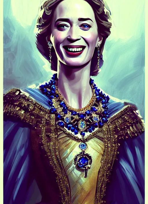 Image similar to portrait of emily blunt as queen, laughing, jewelry, greek, sapphire, victorian age, 1 8 9 0, intricate, headshot, key visual, conceptart, ambient lighting, highly detailed, digital painting, artstation, concept art, sharp focus, by makoto shinkai and akihiko yoshida and greg manchess