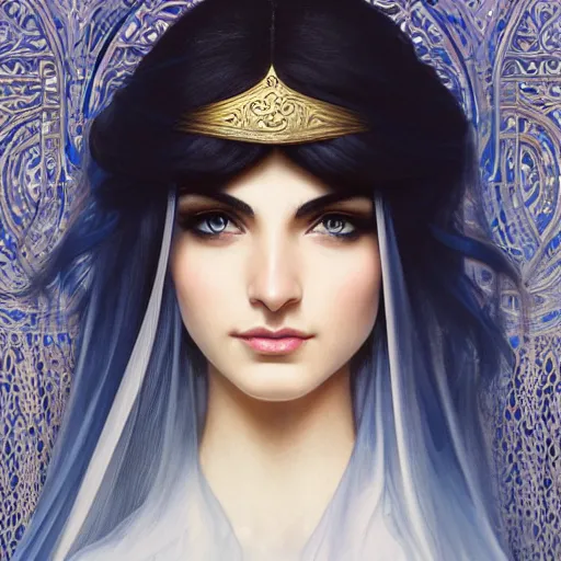 Prompt: ameera al taweel, bright blue eyes, long wavy black hair, white veil, front , highly detailed, digital painting, artstation, concept art, smooth, sharp focus, illustration, ArtStation, art by artgerm and greg rutkowski and alphonse mucha and J. C. Leyendecker and Edmund Blair Leighton