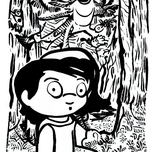 Image similar to mcbess illustration of a little boy with a blue backpack in a forest