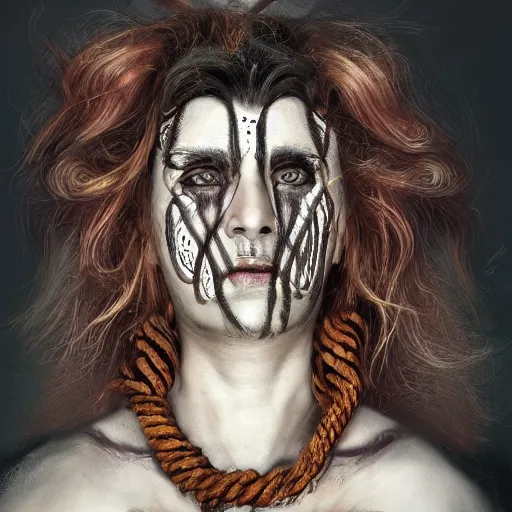 Image similar to portrait of a Shibari rope wrapped face and neck, headshot, insanely nice professional hair style, dramatic hair color, face paint half and half, digital painting, of a old 15th century, old cyborg merchant, amber jewels, baroque, ornate clothing, scifi, realistic, hyperdetailed, chiaroscuro, concept art, art by Franz Hals and Jon Foster and Ayami Kojima and Amano and Karol Bak,