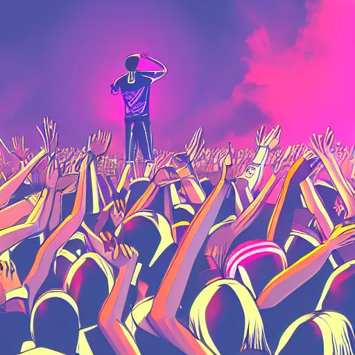 Prompt: rapper onstage leaning over huge crowd of arms reaching up to him, holding microphone, digital art, vapor wave, hip hop, trending on Artstation, professional artist, detailed, 4k