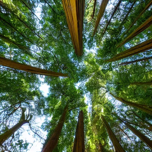 Prompt: treetop canopy view of redwood forest, swaying trees, windy, waves, rippling trees