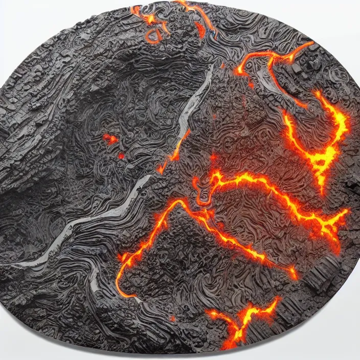 Image similar to wide angle shot of volcano in the form of the punisher icon with flowing fountains and rivers of lava. detailed, high art, intricate, artisan