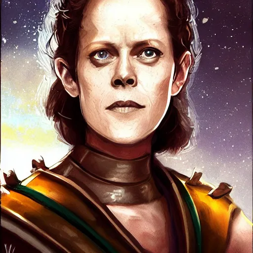 Image similar to young sigourney weaver as a d & d paladin, character portrait by wlop