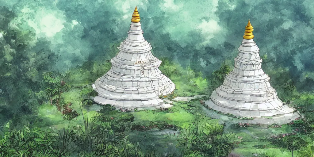 Image similar to sri lankan white stupa hidden in the jungle village, rule of thirds, drawn by hayao miyazaki