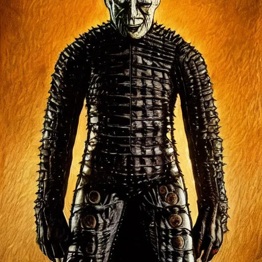 Prompt: a full body shot of pinhead from the movie hellraiser, trench coat leather jacket. cinematic lighting, highly detailed, digital painting, concept art, smooth, sharp focus, illustration, art by Artgerm and Greg Rutkowski, Cgsociety